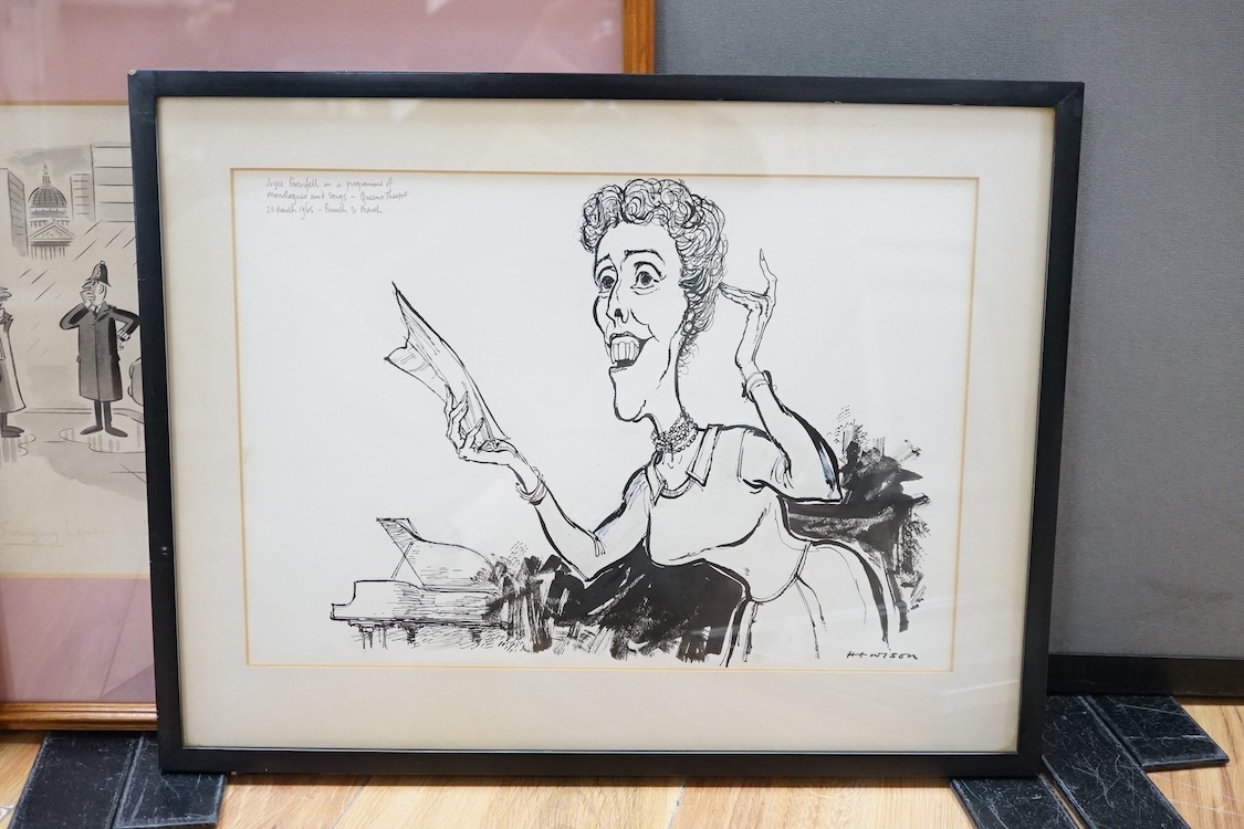 Five 1960's and 1970's original Punch cartoons, monochrome cartoons and caricatures for Punch Magazine to include David Langdon, London street scene and Hewison, Joyce Grenfell in a programme of monologues and songs, lar